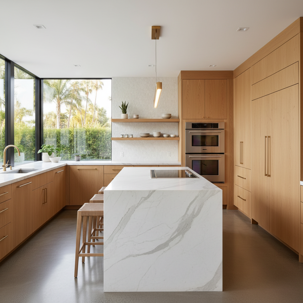 Upscale Encinitas kitchen with integrated refrigerator and wall oven